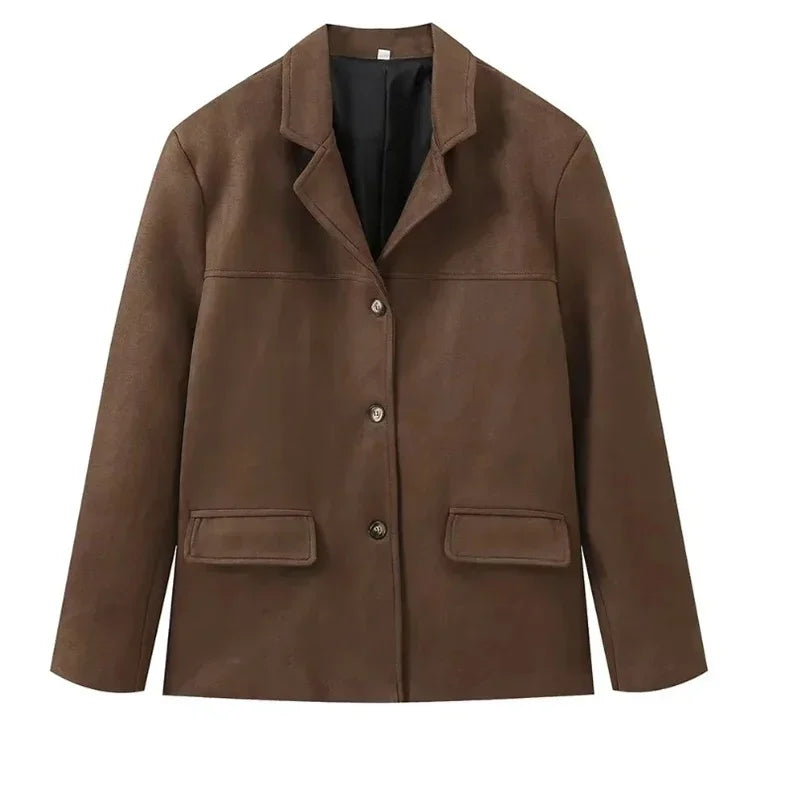 Retro Brown Lapel With Pocket Jacket Woman Fashion Buttons Long Sleeve Short Coat Female Autumn High Street Outwear