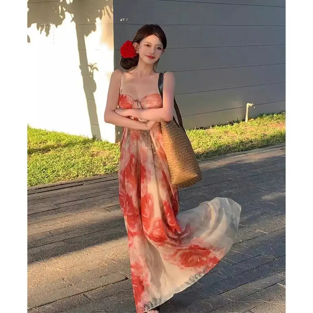 Long Halter Dress for Women Flower Tie-Dye Sweet and Spicy Holiday Style Dresses French Pure Desire Spring and Summer 2024