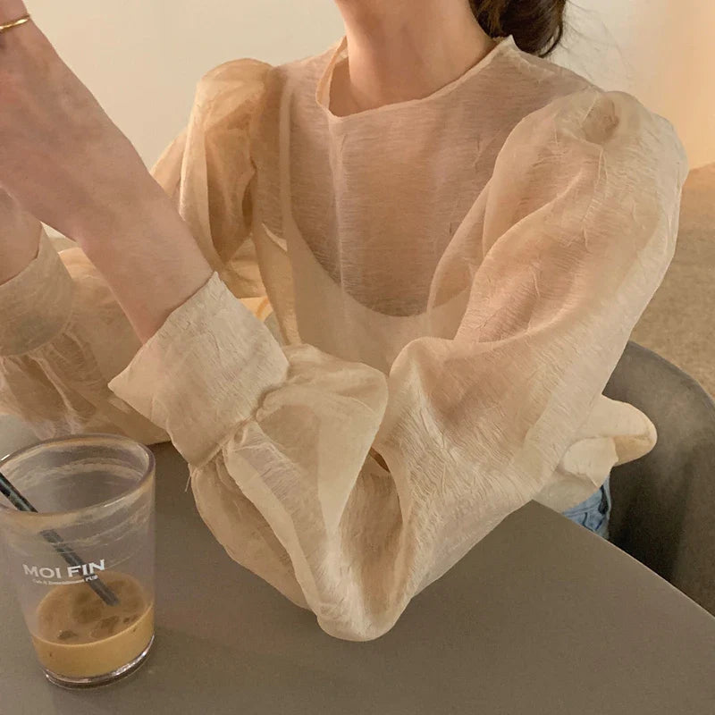 Spring Style Round Neck Wrinkled Mesh Slightly Transparent Loose Long Sleeved Bottom Shirt Blouse Women Thin Blusas Mujer Tops