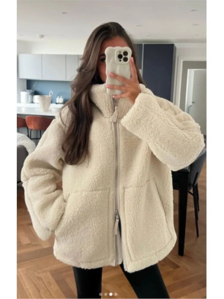 Loose Lamb Wool Coat For Women Fashion Long Sleeves Zipper Pocket Warm Jackets 2023 Winter Female Casual High Street Outwear