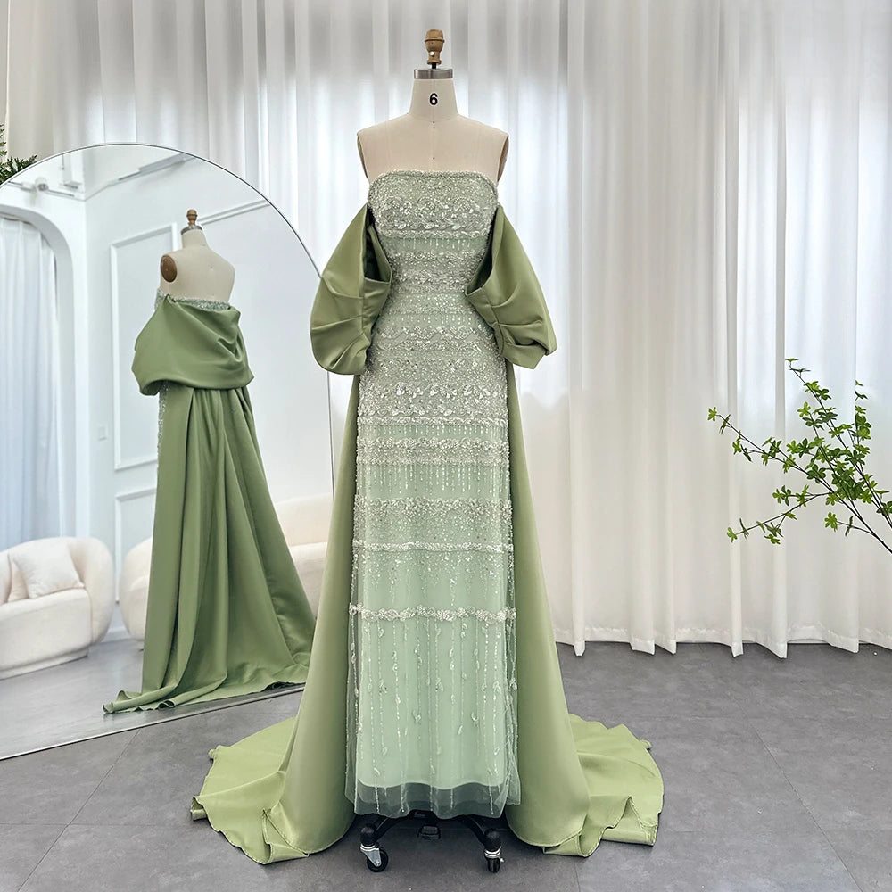 Gorgeous Prom Dress &nbsp;Luxury Dubai Sage Green Evening Dresses with Cape 2024 Arabic Blue Sky Lilac Elegant Women Wedding Party Gowns