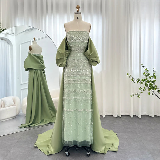 Gorgeous Prom Dress &nbsp;Luxury Dubai Sage Green Evening Dresses with Cape 2024 Arabic Blue Sky Lilac Elegant Women Wedding Party Gowns