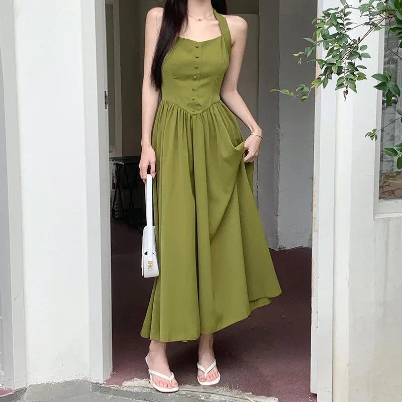 warmmeta-Women's elegant dress 2024 Spring Festival new Europe and the United States tied avocado color neck A pendulum long skirt