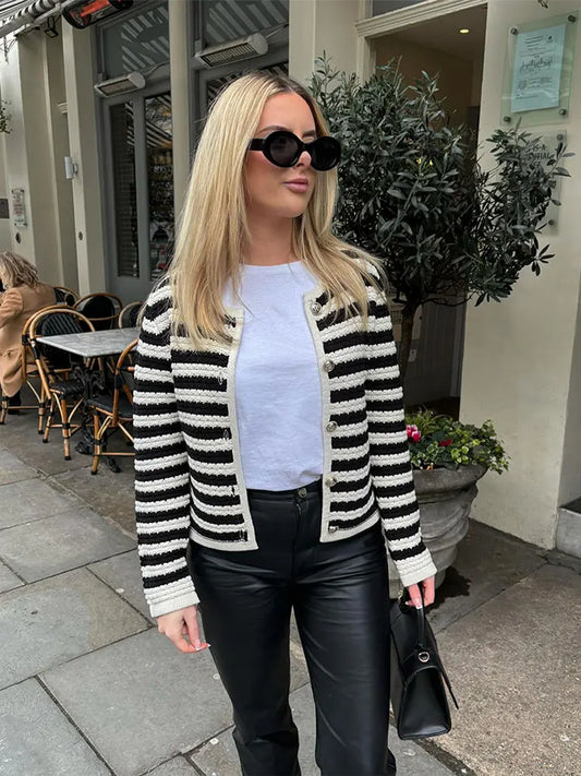 PICSGIRL -  2024 Spring Round Neck Stripe Long Sleeves Cardigan Elegant Lady Single Breasted Slim Coat Fashion Women Commuting Street Wear