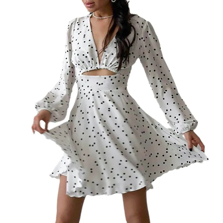 Picsgirl -  Summer Women's Long Sleeved Polka Dot Printed Dress V-neck Hollow Bubble Sleeve Temperament Slim Fit Flower Bud Skirt Women 2024