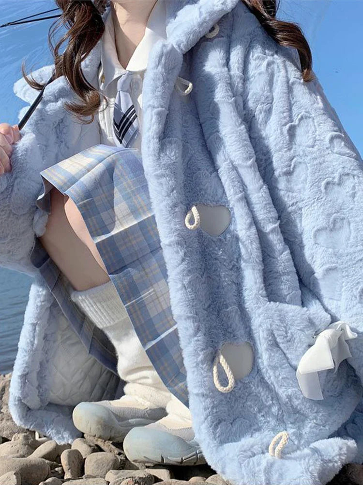 Blue Plush Coat Women Korean Fashion Kawaii Preppy Style Heart Jacket Female Autumn Winter Casual Warm Bow Horn Button Outerwear