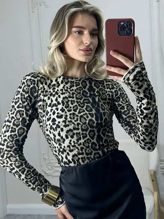 Picsgirl Women Chic Skinny Leopard Printed T-shirt Slim Fitting Round Neck Long Sleeves Top 2024 Spring Autumn Lady Elegant Pullover Tees