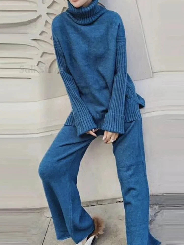 Sweater Set Warm suit for Women Winter Knitted Suits 2 Piece Set Soild Turtleneck Sweater + Loose Trousers Office Lady Suit