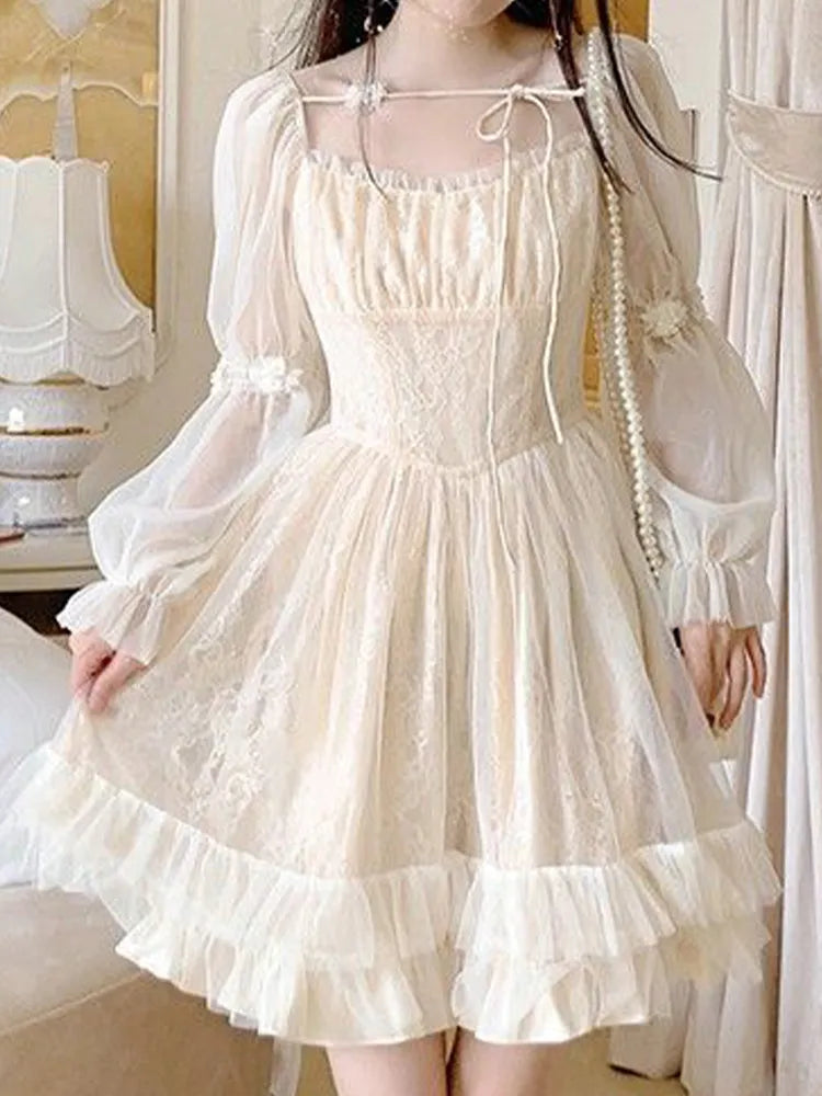 Lolita Kawaii Princess Dress Women Spring Summer Casual Long Sleeve Short Dress Japanese Square Collar Ruffles Pleated Dresses