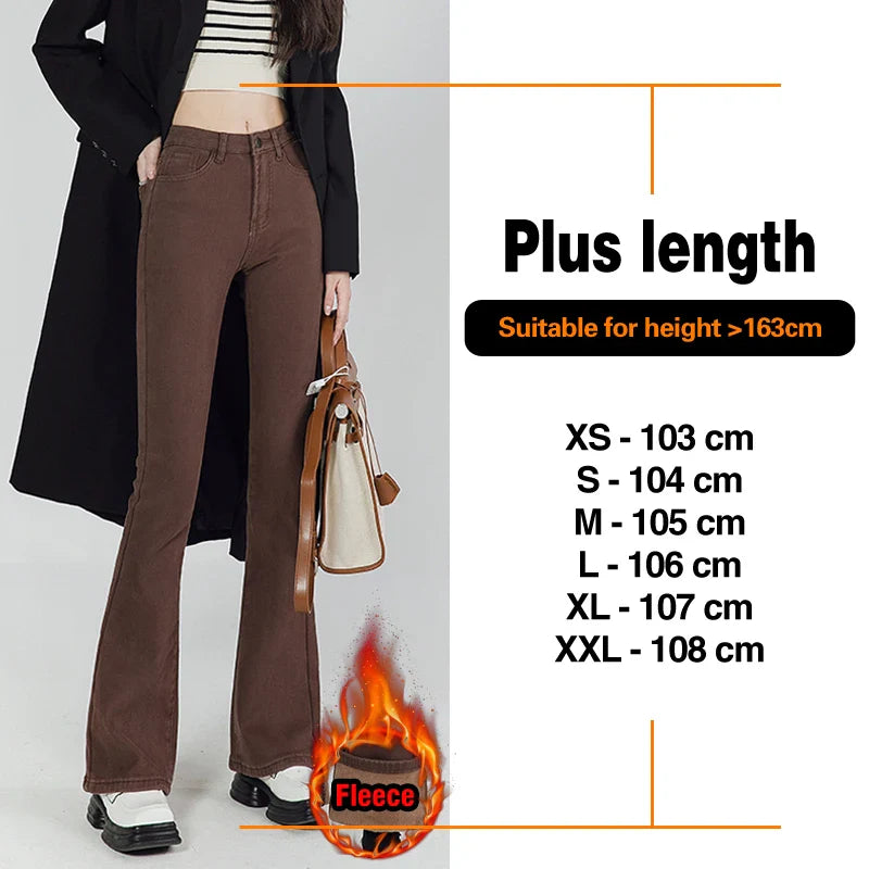 Winter Warm Women's Jeans Fashion Slim Thicken Fleece Flared Pants High Waist Elastic Skinny Velvet Plus Length Female Jeans