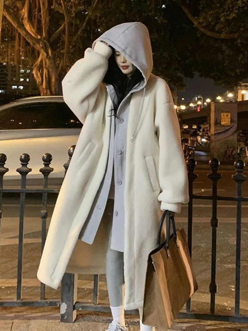 CHIC Fake Two Imitation Lambswool Hooded Coat Women's Autumn and Winter 2023 New Thick High-grade Cardigan Long Joker Plush Coat