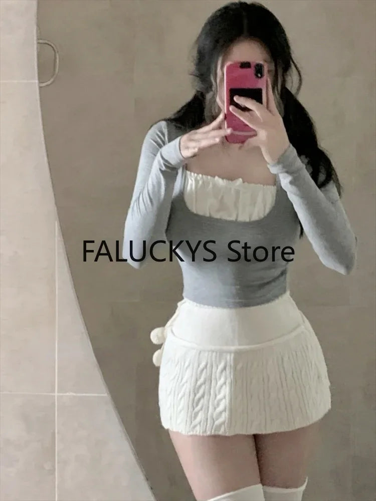 WARMMETA 2 Piece Dress Set Casual Short Sweater Tops Solid Party Mini Skirt Slim Bodycon Clothing Korean Fashion Suit 2024 Autumn