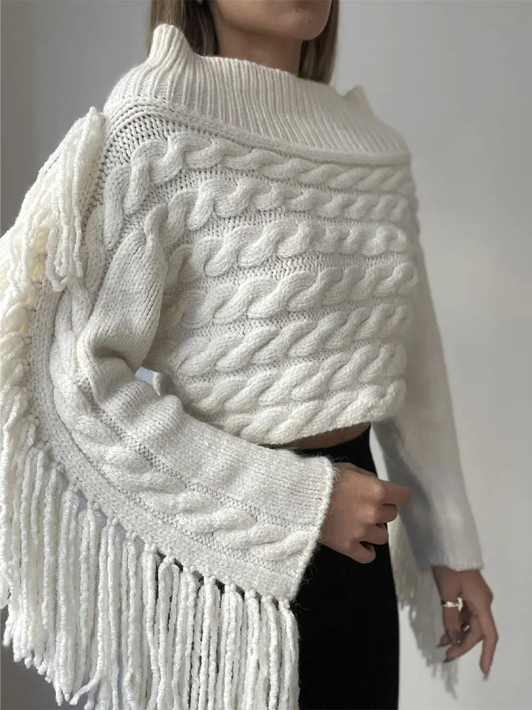 Thicken White Tassel Off Shoulder Sweater Women Elegant Slash Neck Long Sleeve Short Pullover 2024 Spring Lady Knitted Jumpers