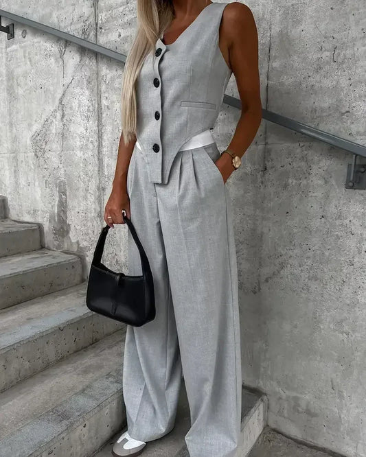 Summer Autumn Two Piece Set for Women  Fashion Sleeveless Striped Vest Blazer Top and Ruched Wide Pants Set for Office Suit