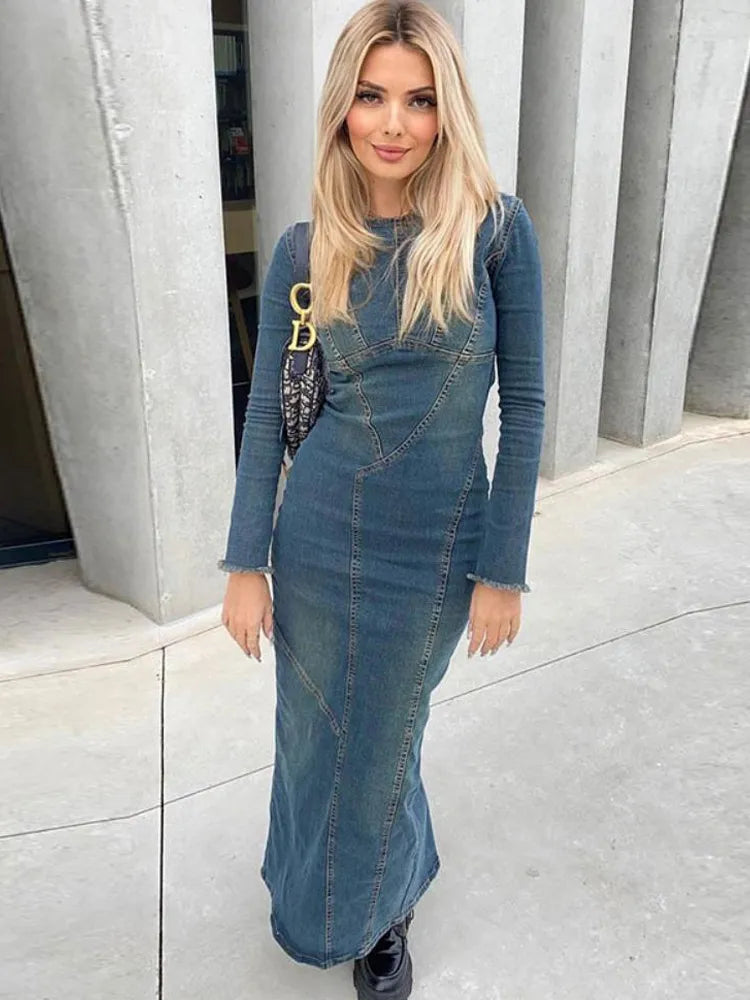 Picsgirl -  Denim Long Dress Women Fashion Split Strapless Dress Female Elegant Blue Long Sleeve Streetwear Dress Loose ONeck Straight Dress