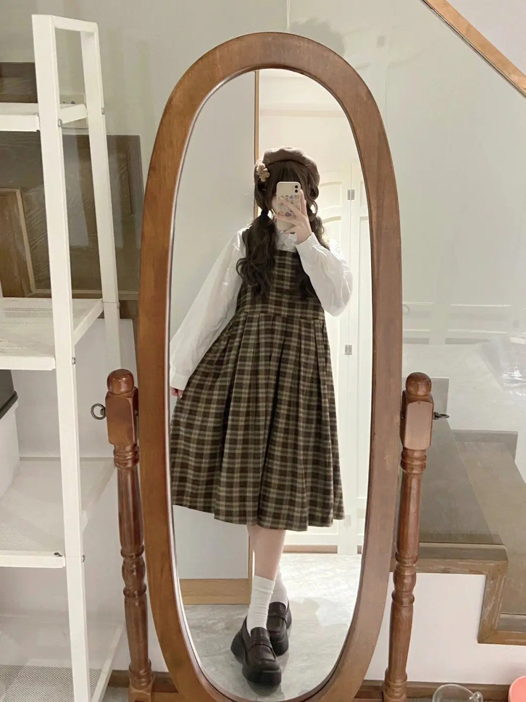 Cozy Treehouse Plaid Dark Academia Pinafore Dress