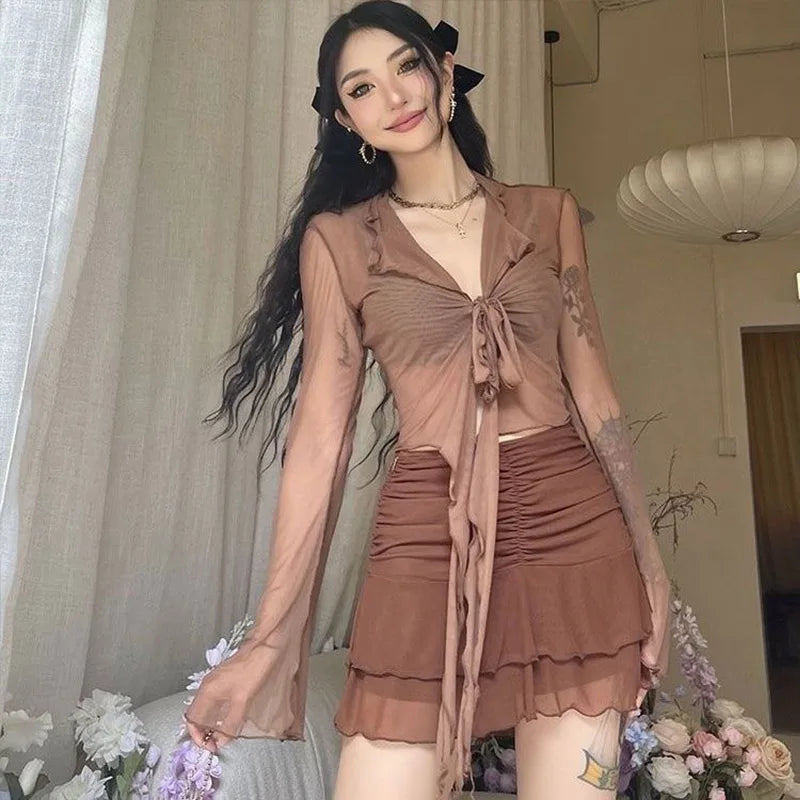 Long Flare Sleeve Blouses for Women Lace-up Mesh Sexy Sweet Hot Girls Korean Fashion Style All-match Solid Design Elegant Casual