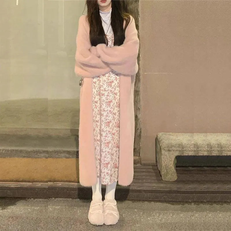 white Long Cardigan for women 2023 winter clothes Knitted fluffy long sleeve Cashmere sweater coat clotkorean style warm vintage