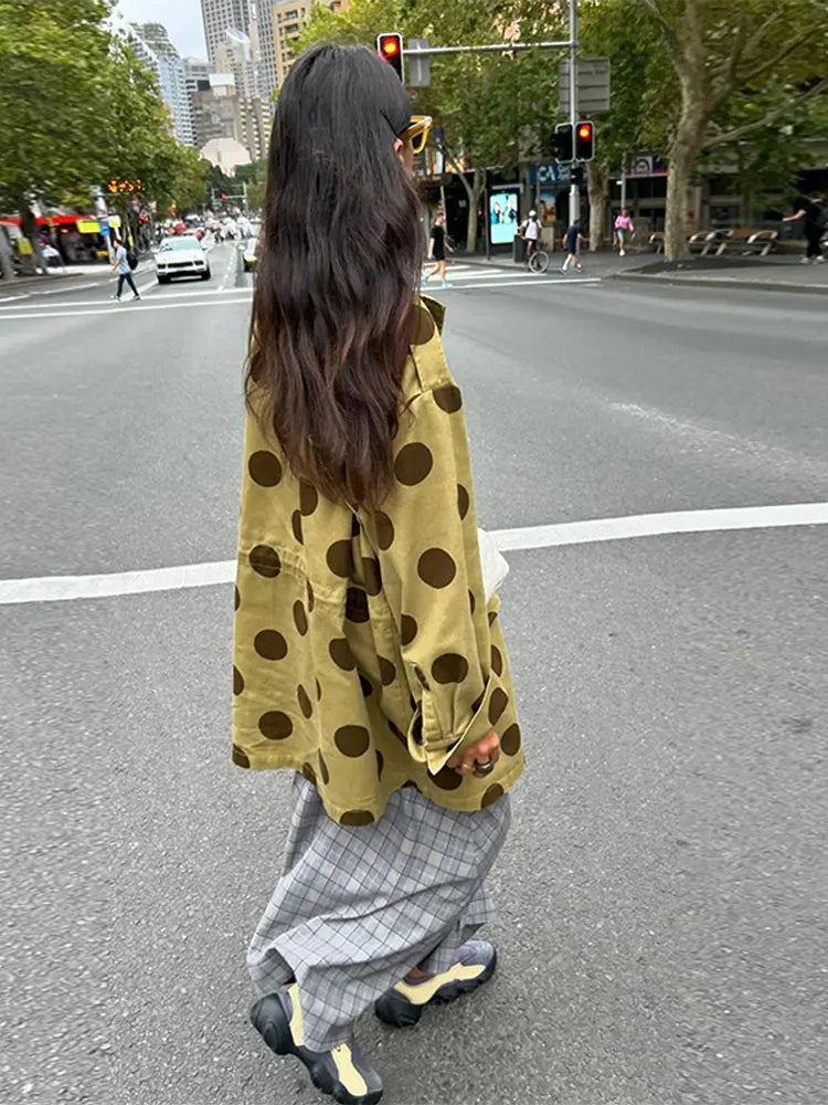 Vintage Polka Dot Printed Jacket For Women Loose Lapel Long Sleeve Zipper Button Coat 2024 Fashion Female Street Outerwear