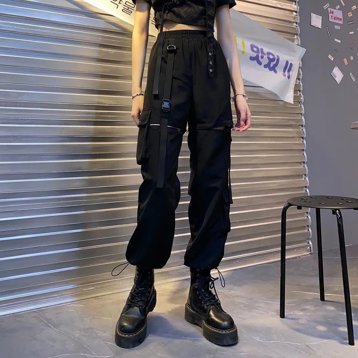 Streetwear Spring Summer Cargo Pants Women Harajuku Slim Punk Ribbons Joggers Elastic Waist Ankle-Length Trousers For Girls