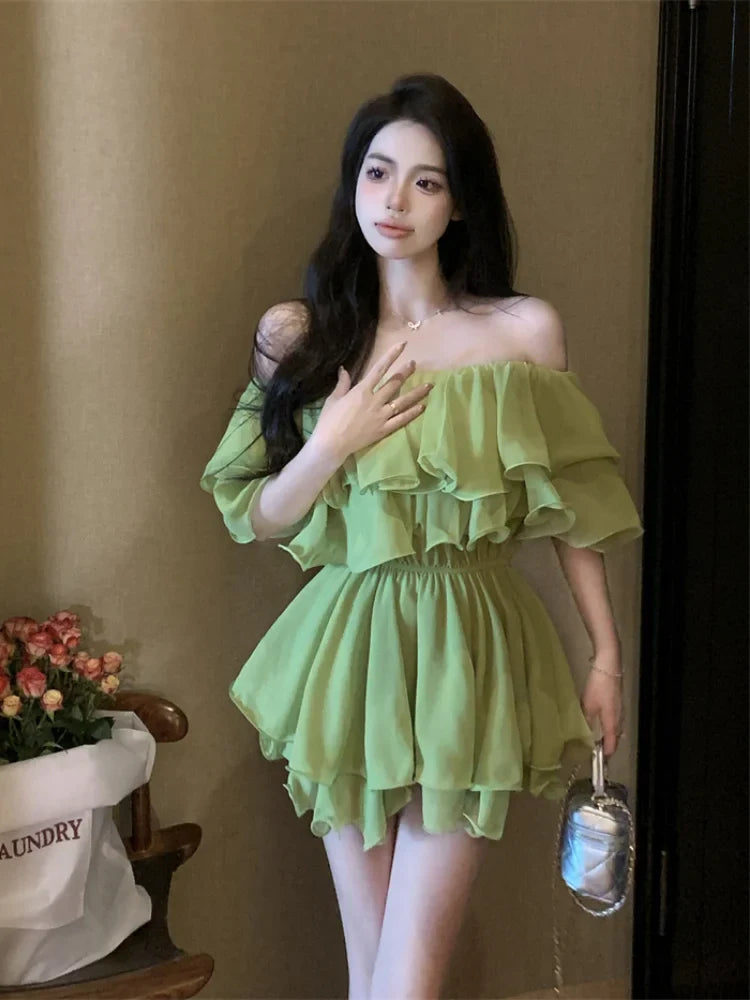 WARMMETA Dresses Women Off Shoulder Slash Neck Ruffles Sexy Spring Summer Patchwork Solid Loose Elegant Mini Dress Ladies Fashion