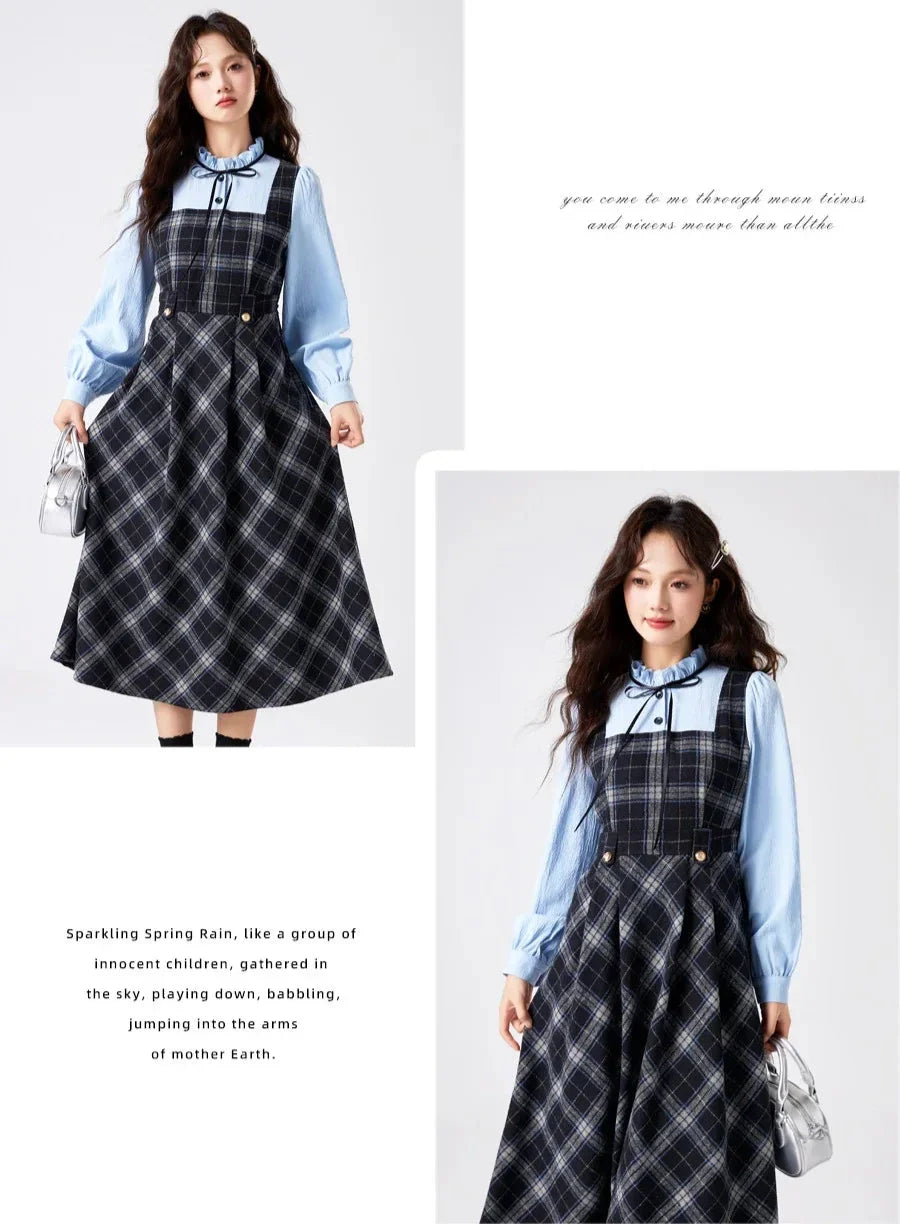 Blue Stories Dark Academia Plaid Long Sleeve Dress