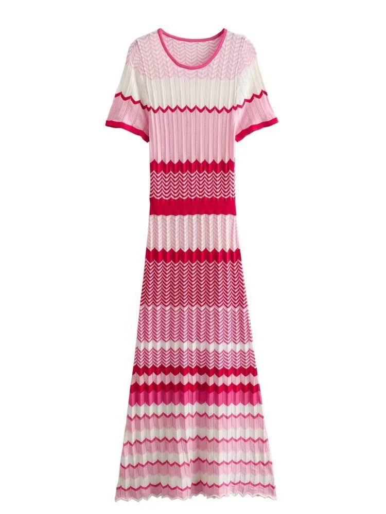 Women Contrast Color Knitted Slim Maxi Dress Round Neck Short Sleeve Dresses 2024 Curved Stripes Vacation Casual Street Vestido