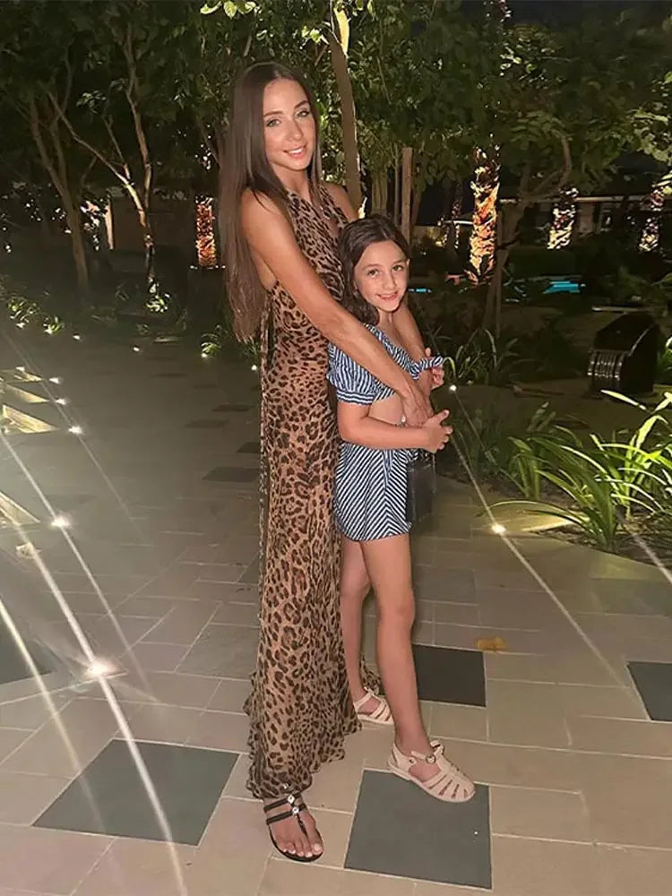 Woman Elegant V-neck Leopard Print Sleeveless Long Dress Sexy Sleeveless Backless Female Maxi Dresses Vacation Beach Robes 2024