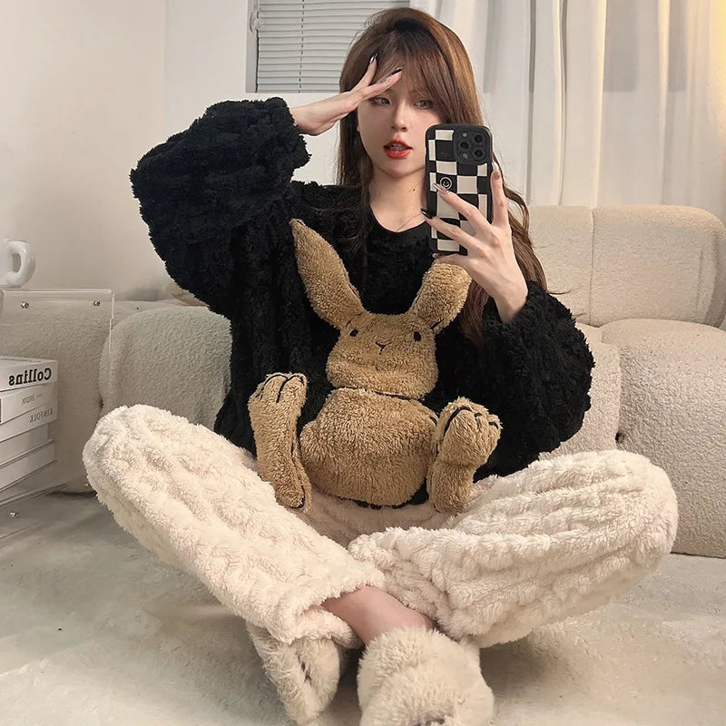 Winter Thicken Women Pijamas Sets Korean Girls Soft Warm Sleepwear Pyjama Pour Femme Cartoon Bear Cute Pajamas Long Sleeve Pants