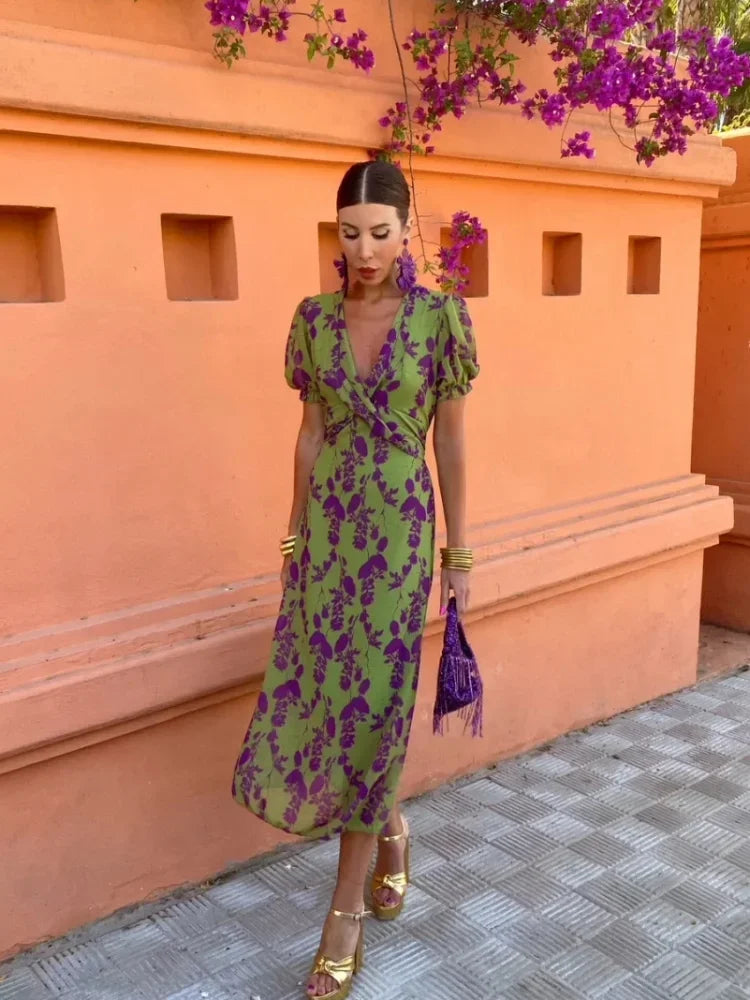 Women Vintage Floral Print Twisted Bodycon Maxi Dress Sexy V Neck Short Puff Sleeves Robe Summer Female Elegant Streetwear 2024