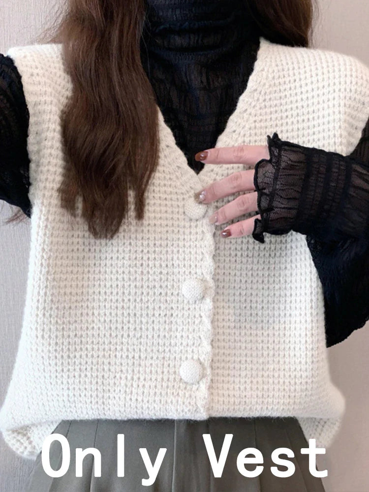 Vintage Sweater Vest Women Autumn Casual Sleeveless Knitted Cardigan Vest Female Korean Fashion Preppy Style Waistcoat Knitwears