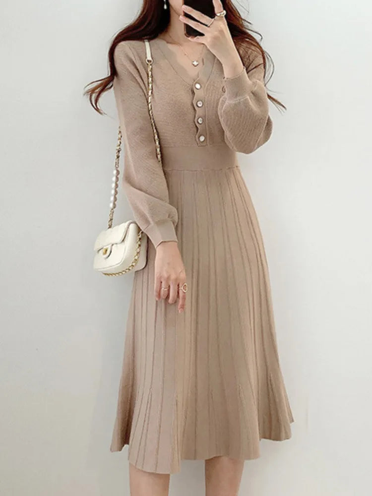 One Piece Korean Pleated Dress New Autumn Long Sleeve Slim Woman Sweater Dresses Knitted Vintage Elegant Midi Party Dress