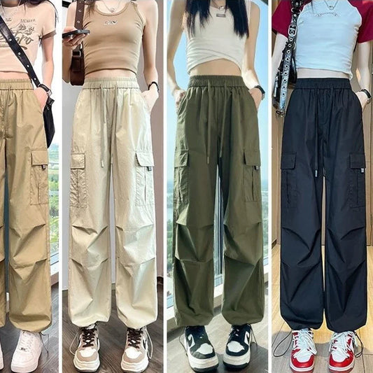 Casual Joggers Cargo Pants for Women Solid High Waist Pants Drawstring Wide Leg Baggy Trousers Y2k Streetwear Slim Sweatpants