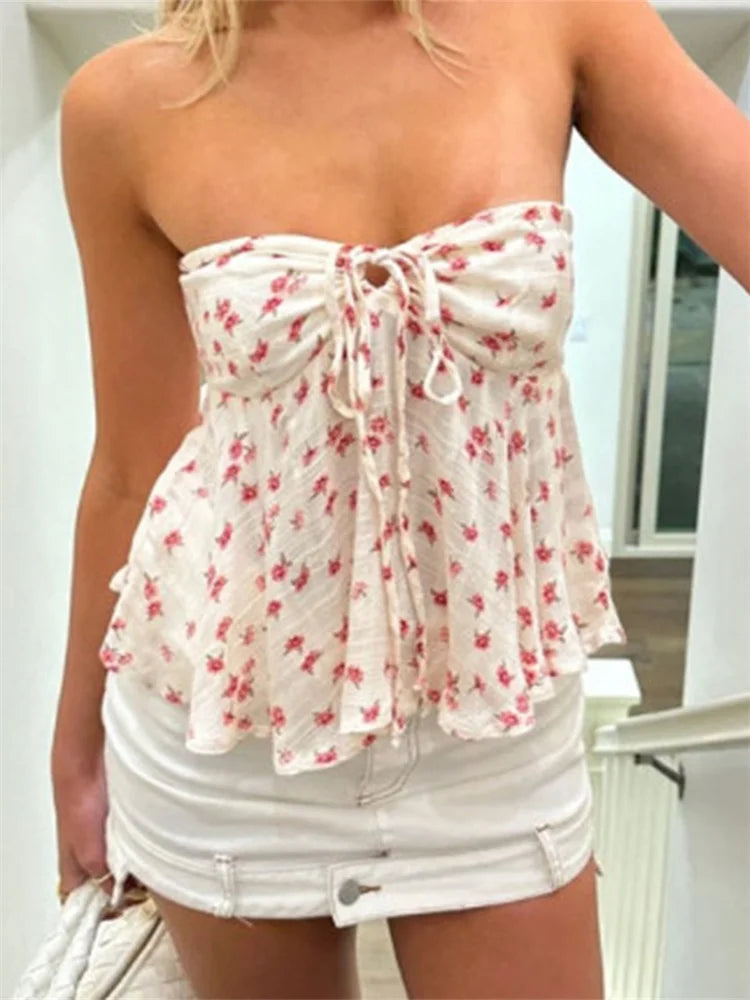 Strapless Off Shoulder Ruched Tube Tops Women Front Tie-up Ruffles Summer Party Clubwear Tank fLORAL pRINT Mini Vest