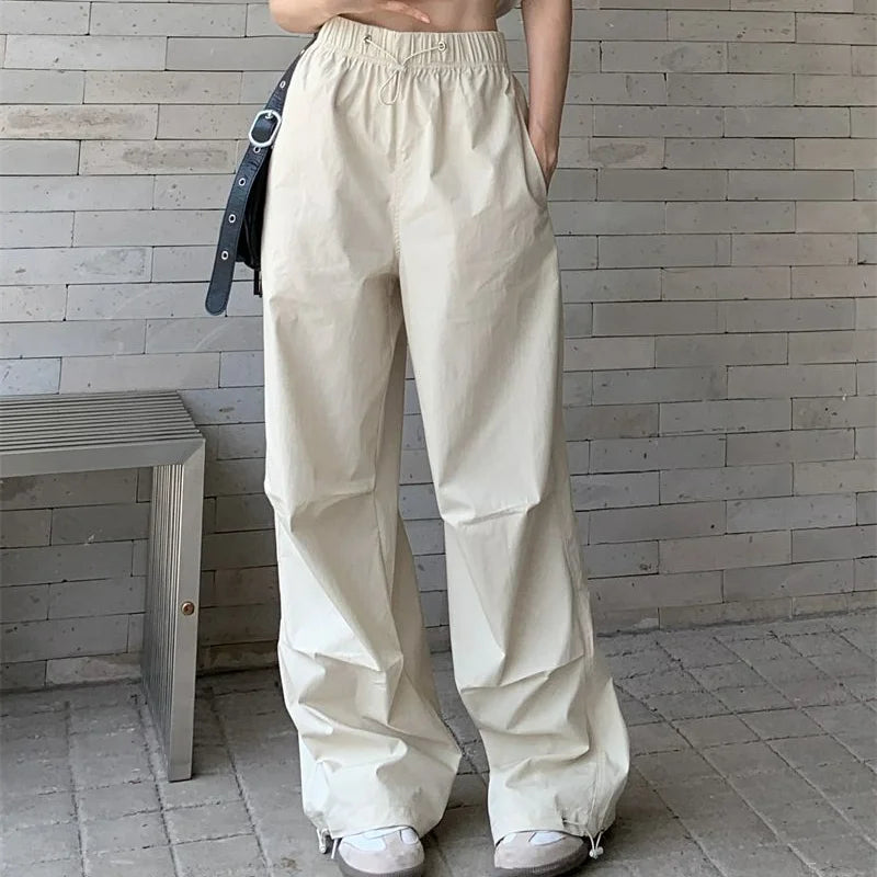 American Vintage Women Loose Cargo Pants Summer Fashion Elastic High Waist Drawstring Solid Thin Casual Straight Sports Trousers