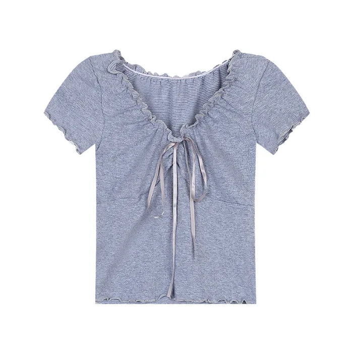 Sexy Ruffle V Neck Lace Up Cropped T-shirts Summer Women Solid Color Slim Student Korean Tshirt Tops CDPF-DL-5288