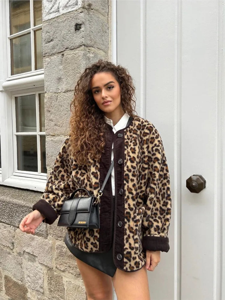 Vintage Leopard Print Reversible Wool Coats Women O-neck Single Breasted Pockets Fleece Jackets Autumn Winter Female Streetwear