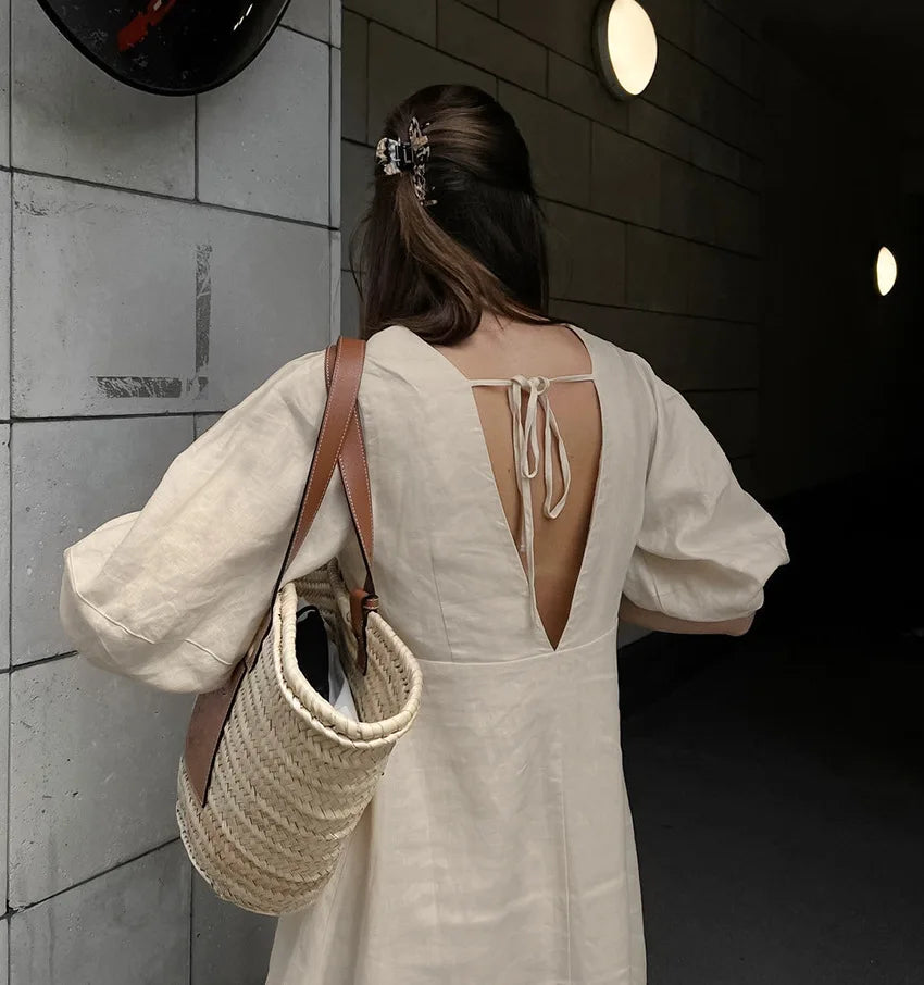 Picsgirl Cotton And Linen Solid Midi Dresses 2024 New Spring V-neck Lace-up Puff Sleeve Backells Long Dress Women Summer Casual Vestidos