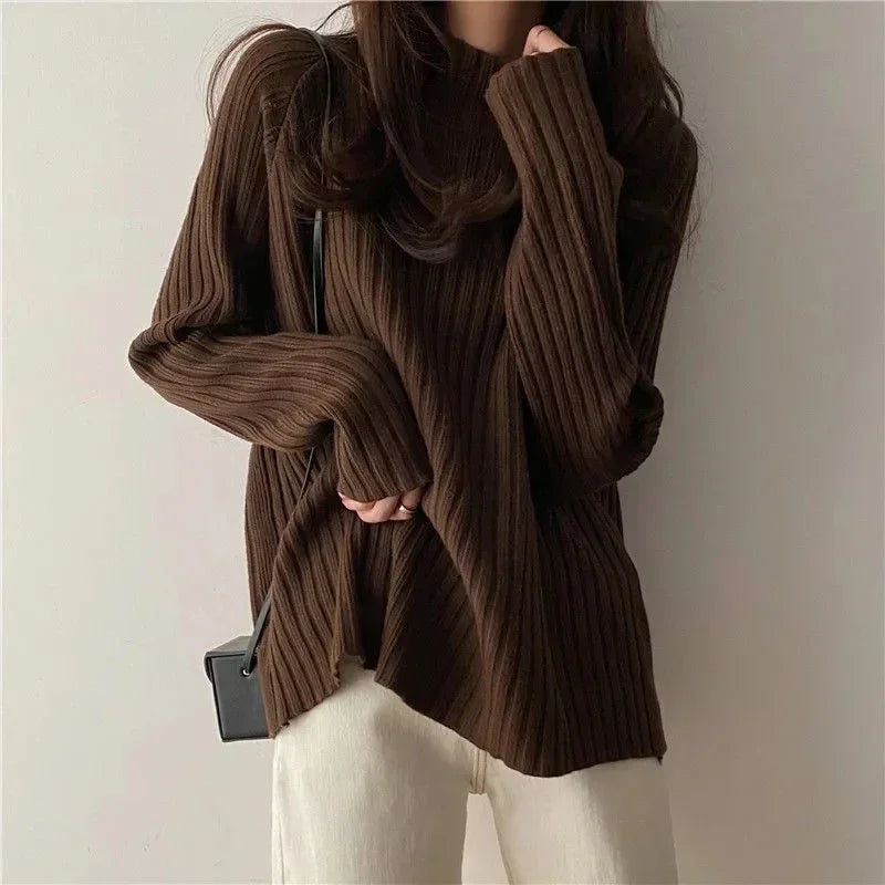 Turtleneck  Sweaters Fashion Loose Long Sleeve Women Pullover Casual Basic Solid Office Lady Knitwears Jumper