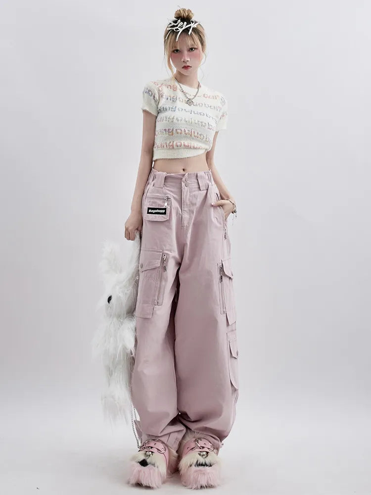 Women's Cargo Jeans Baggy Straight Denim Trouser Korean High Waist Harajuku Y2k Hip Hop Streetwear Vintage Pink Wide Jeans Pants