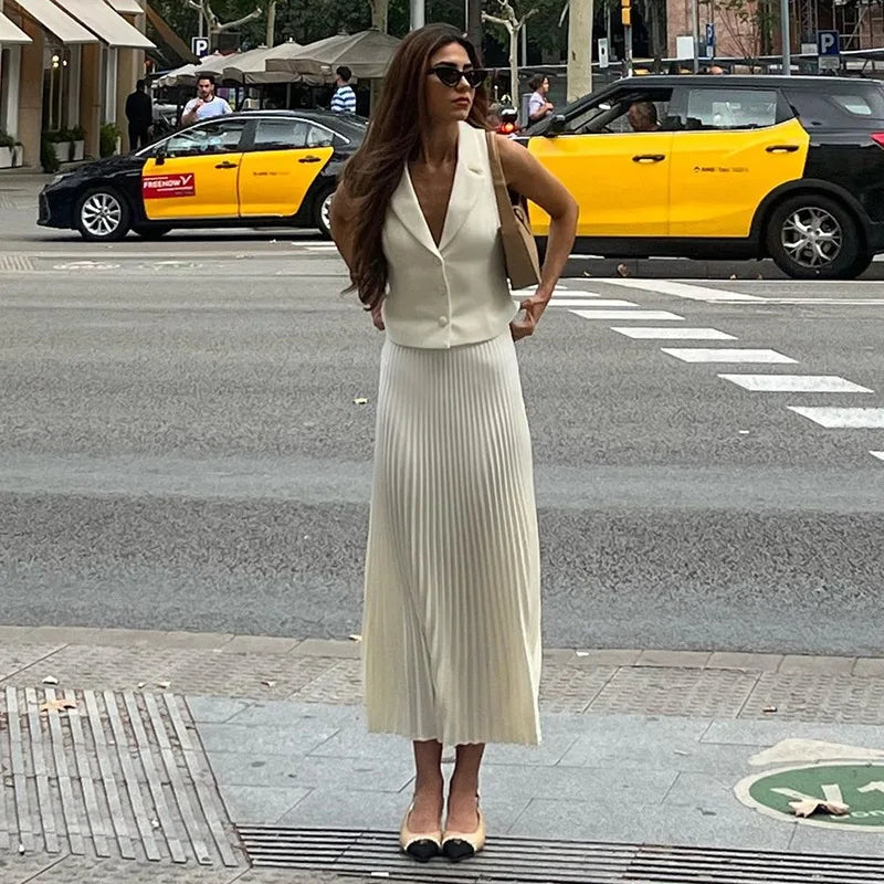 Summer New Pleated Skirt Suit For Women Slim Sleeveless Short Vest Top Solid Long Skirt High Waist Fashion Two Pieces Set