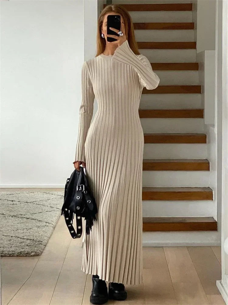 WARMMETA Lace-Up Female Knit Maxi Dress Autumn High Waist Fashion Patchwork Long Sleeve Loose Solid Dress Bandage Knitwear Dress