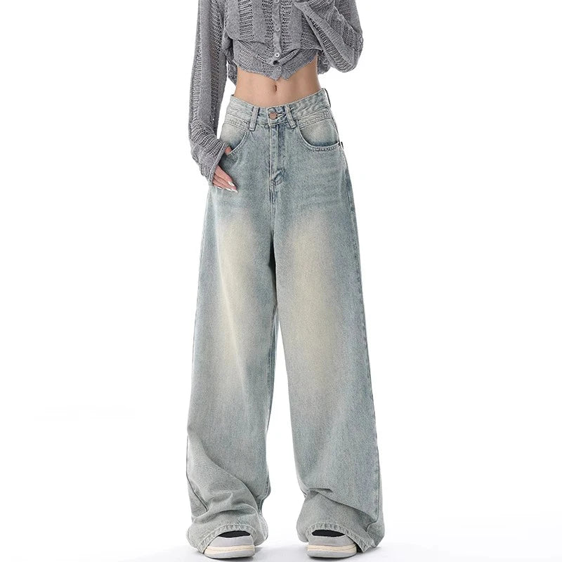 warmmeta Autumn Winter New High Waisted Jeans Women Button Full Length Wide Leg Denim Pants Fashion Vintage Y2K Light Blue Loose Trousers