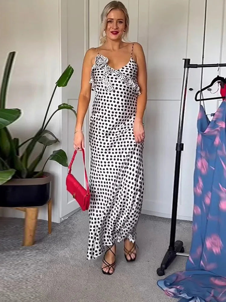 Vintage Polka Dot Printed Women's Maxi Dress Sexy Skinny V Neck Backless Suspender Vestidos 2024 Summer Lady Party Elegant Robe