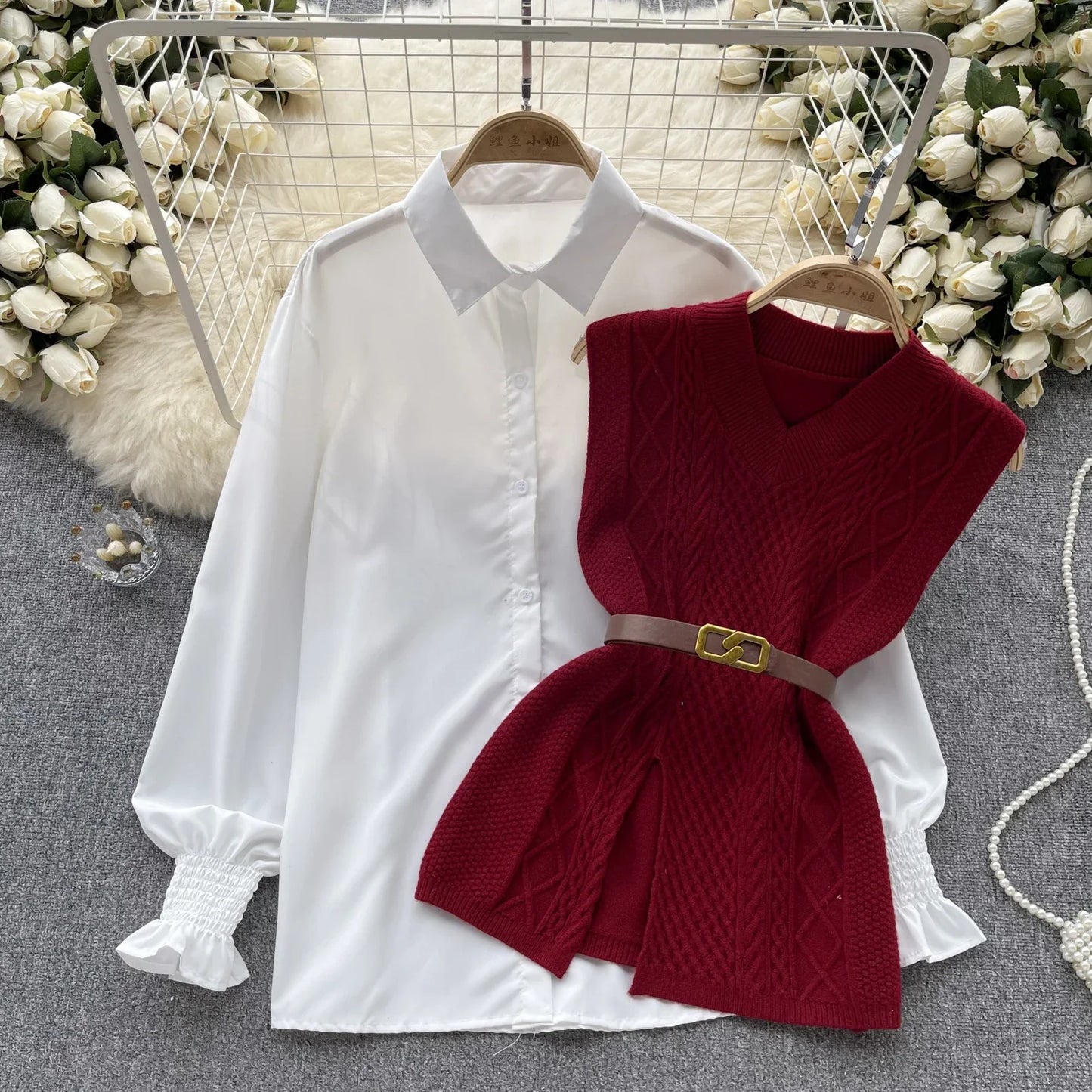 Office Lady Knitted Sweater Warm Thick Knit Vest+Single Breasted Lantern Sleeve Blouse 2023 Women Pullover Shirt Suits