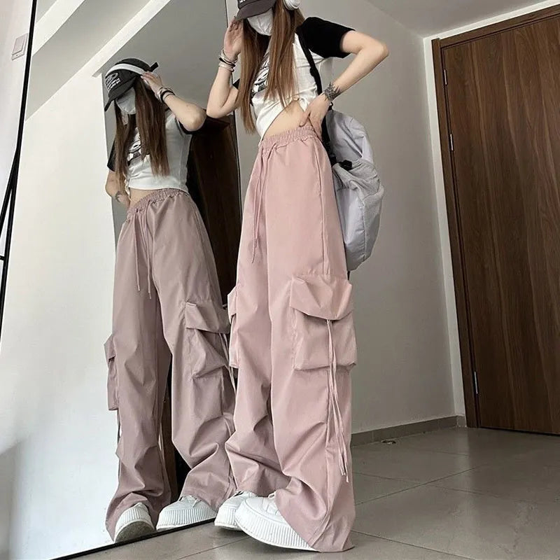 Lucyever Y2K Cargo Pants for Women Harajuku Streetwear Baggy Wide Leg Parachute Pants Woman Korean Edgy Style Jogging Sweatpants