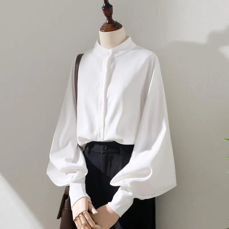 warmmeta Woman Spring Autumn Style Blouses Shirt Lady Long Lantern Sleeve Stand Collar Loose Blusas Tops