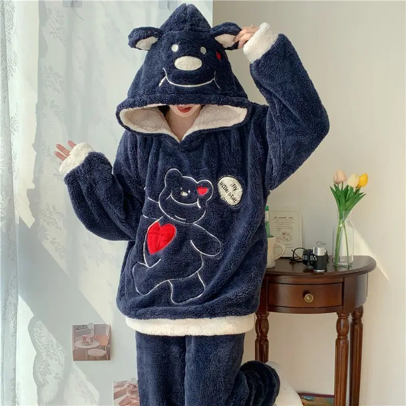 Flannel Pajamas Women Winter Loungewear Girls Sleepwear Suit Thick Cartoon Nighty Coral Velvet Kawaii Famale Home Clothes Sets