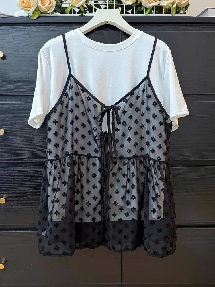 Korean Style Overlap Tank Top Women Spring Bow Lace Up Jacquard Polka Dot Outwear Vests Sweet Sleeveless Chiffon Tops