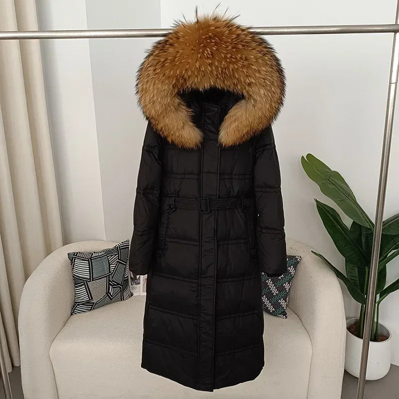 2023 Fashion Long Winter Jacket Women Real Raccoon Fox Fur Collar Natural Thick Warm Duck Down Coat Belt Outerwear Streetwear